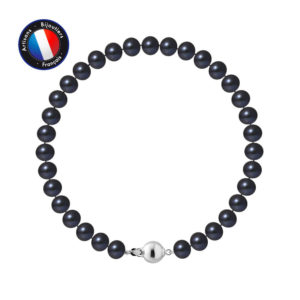 Bracelet de Véritables Perles de culture d'eau douce, de forme Semi-Ronde, couleur Black Tahiti, diamètre 6-7 mm avec Fermoir Boule Imperdable en Argent