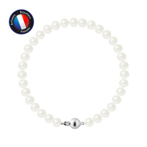 Bracelet de Véritables Perles de culture d'eau douce, de forme Semi-Ronde, couleur Blanc, diamètre 6-7 mm avec Fermoir Boule Imperdable en Argent