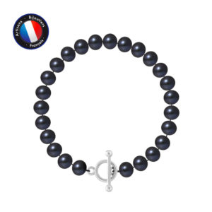 Bracelet de Véritables Perles de culture d'eau douce, de forme Semi-Ronde, couleur Black Tahiti, diamètre 7-8 mm avec Fermoir Bâtonnet en Argent