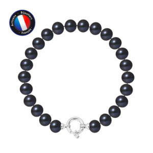 Bracelet de Véritables Perles de culture d'eau douce, de forme Semi-Ronde, couleur Black Tahiti, diamètre 8-9 mm avec Fermoir Anneau Marin en Argent