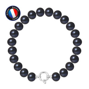 Bracelet de Véritables Perles de culture d'eau douce, de forme Semi-Ronde, couleur Black Tahiti, diamètre 9-10 mm avec Fermoir Anneau Marin en Argent