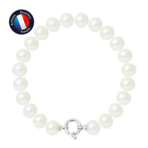 Bracelet de Véritables Perles de culture d'eau douce, de forme Semi-Ronde, couleur Blanc, diamètre 9-10 mm avec Fermoir Anneau Marin en Argent