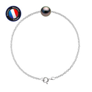 Bracelet en en Argent et 1 Véritable Perle de culture de Tahiti, de forme Ronde, diamètre 9-10 mm - Chaîne Forçat