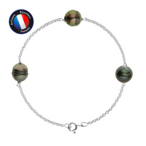 Bracelet en en Argent et 3 Véritables Perles de culture de Tahiti, de forme Cerclée, diamètre 9-10 mm - Chaîne Forçat