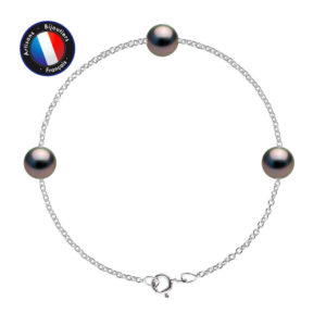 Bracelet en en Argent et 3 Véritables Perles de culture de Tahiti, de forme Ronde, diamètre 8-9 mm - Chaîne Forçat