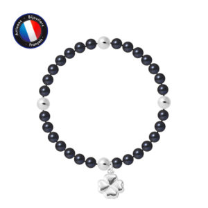 Bracelet de Véritables Perles de culture d'eau douce, de forme Ronde, couleur Black Tahiti, diamètre 5-6 mm agrémenté de 4 Viroles et 1 pendentif Trèfle en Argent