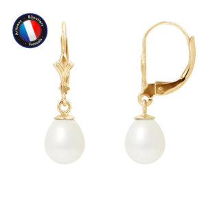Boucles d'Oreilles en Or Jaune et Véritables Perles de culture d'eau douce, de forme Poire, couleur Blanc et diamètre 7-8 mm