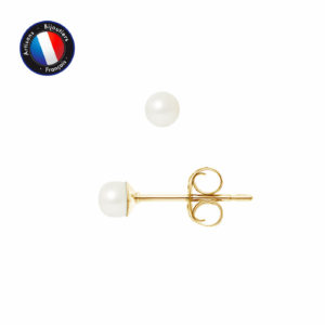 Boucles d'Oreilles en Or Jaune et Véritables Perles de culture d'eau douce de forme Bouton, couleur Blanc et diamètre 3-4 mm