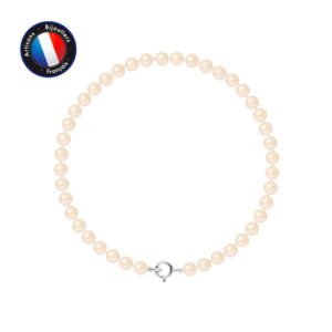 Bracelet de Véritables Perles de culture d'eau douce Rondes, couleur Rose, diamètre 4-5 mm et Fermoir Anneau Ressort en Or Blanc