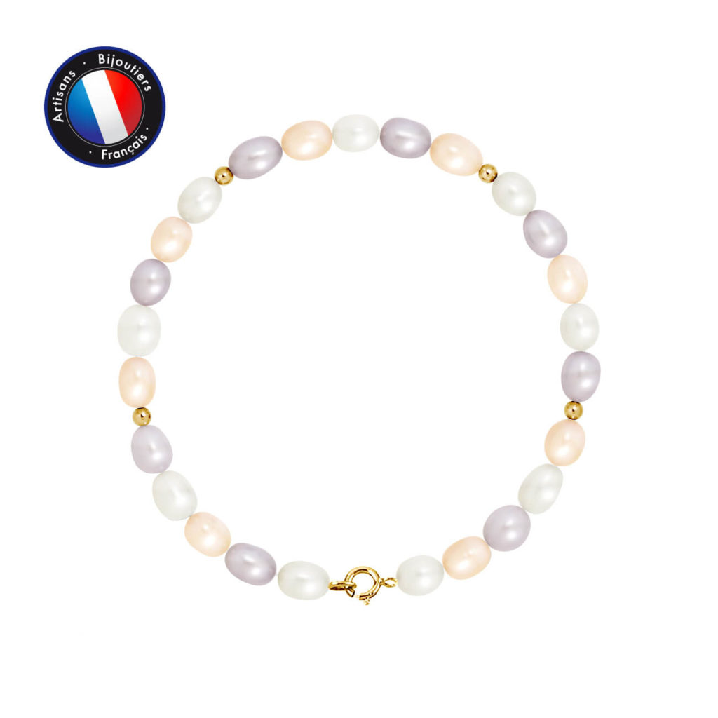 Bracelet de Véritables Perles de culture d'eau douce de forme Grain de Riz, couleur Multicolore, diamètre 4-5 mm et Fermoir Anneau Ressort en Or Jaune
