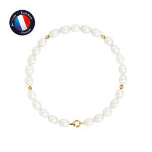 Bracelet de Véritables Perles de culture d'eau douce de forme Grain de Riz, couleur Blanc, diamètre 4-5 mm et Fermoir Anneau Ressort en Or Jaune