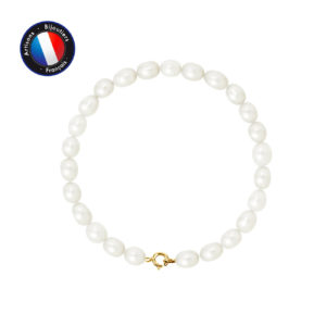 Bracelet de Véritables Perles de culture d'eau douce de forme Grain de Riz, couleur Blanc, diamètre 5-6 mm et Fermoir Anneau Ressort en Or Jaune