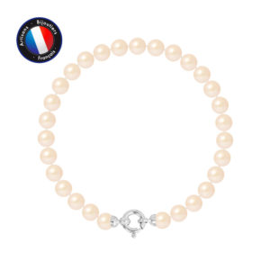 Bracelet de Véritables Perles de culture d'eau douce Rondes, couleur Rose, diamètre 6-7 mm et Fermoir Anneau Ressort en Or Blanc