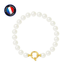 Bracelet de Véritables Perles de culture d'eau douce Rondes, couleur Blanc, diamètre 7-8 mm et Fermoir Anneau Marin en Or Jaune