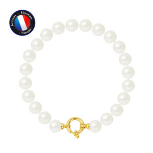 Bracelet de Véritables Perles de culture d'eau douce Rondes, couleur Blanc, diamètre 8-9 mm et Fermoir Anneau Marin ​en Or Jaune