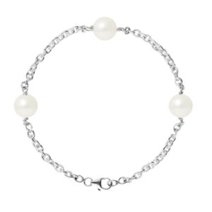 Bracelet en Argent et 3 Véritables Perles de culture d'eau douce Rondes, couleur Blanc, diamètre 9-10 mm et Fermoir Mousqueton