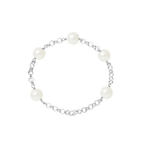 Bracelet en Argent et 5 Véritables Perles de culture d'eau douce, de forme Ronde, couleur Blanc, diamètre 9-10 mm et Fermoir Mousqueton