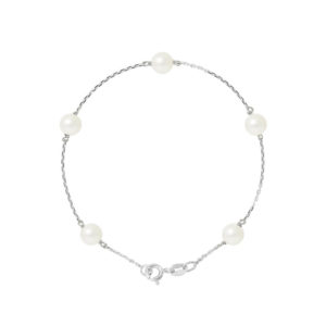 Bracelet en Argent et 5 Véritables Perles de culture d'eau douce, de forme Ronde, couleur Blanc, diamètre 6-7 mm, Fermoir Anneau Ressort
