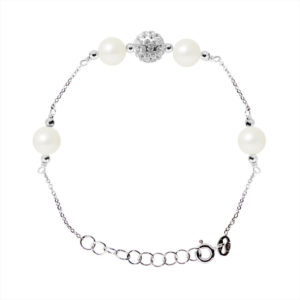 Bracelet en Argent avec 4 Véritables Perles de culture , de forme Ronde, couleur Blanc, diamètre 6-7 mm et Cristal certifié - Taille Réglable