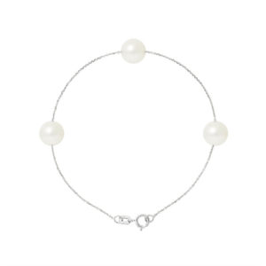 Bracelet en Argent et 3 Véritables Perles de culture d'eau douce, de forme Ronde, couleur Blanc, diamètre 7-8 mm et Chaîne Forçat