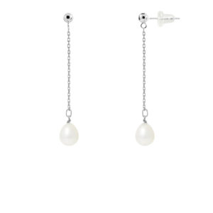 Boucles d'Oreilles Pendantes en Or Blanc et Véritables Perles de Culture d'eau douce, forme Poire, couleur Blanc, diamètre 7-8 mm