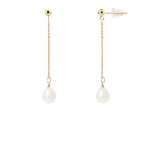 Boucles d'Oreilles Pendantes en Or Jaune et Véritables Perles de Culture d'eau douce, forme Poire, couleur Blanc, diamètre 7-8 mm
