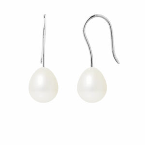 Boucles d'Oreilles en Or Blanc et Véritables Perles de Culture d'eau douce, forme Poire, couleur Blanc, diamètre 7-8 mm