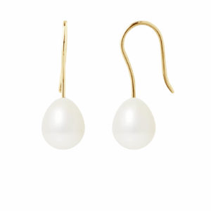 Boucles d'Oreilles en Or Jaune et Véritables Perles de Culture d'eau douce, forme Poire, couleur Blanc, diamètre 7-8 mm