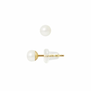 Boucles d'Oreilles en Or Jaune et Véritable Perle de culture d'eau douce, couleur Blanc, diamètre 4-5 mm