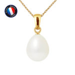 Collier Chaîne Forçat en Or Jaune et Pendentif en Véritable Perle de culture d'eau douce, de forme Poire, couleur Blanc et diamètre 9-10 mm