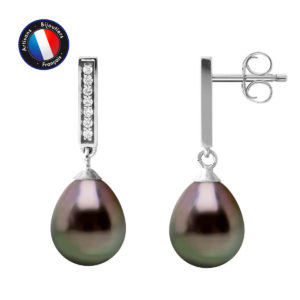 Boucles d'Oreilles en Argent et Véritables Perles de Tahiti, forme Poire, diamètre 8-9 mm et Oxydes de Zirconium