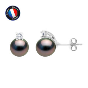 Boucles d'Oreilles en Argent et Véritables Perles de Tahiti, diamètre 8-9 mm et Oxydes de Zirconium