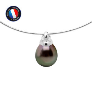 Collier Câble Omega en Argent et Véritable Perle de culture de Tahiti, de forme Semi-Ronde et diamètre 9-10 mm