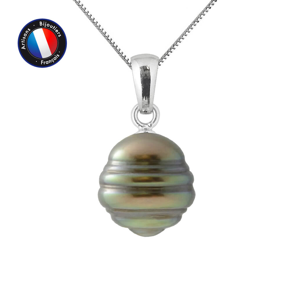 Collier Chaîne Vénitienne en Argent et Pendentif en Véritable Perle de culture de Tahiti, de forme Cerclée et diamètre 10-11 mm