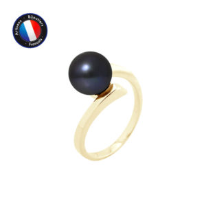 Bague en Or Jaune et Véritable Perle de Culture d'eau douce, forme Ronde, couleur Black Tahiti, diamètre 8-9 mm
