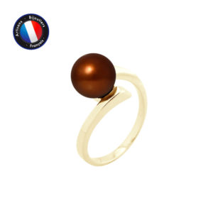 Bague en Or Jaune et Véritable Perle de Culture d'eau douce, forme Ronde, couleur Chocolat, diamètre 8-9 mm