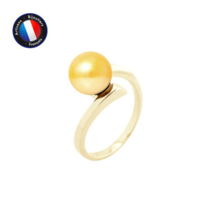 Bague en Or Jaune et Véritable Perle de Culture d'eau douce, forme Ronde, couleur Or, diamètre 8-9 mm