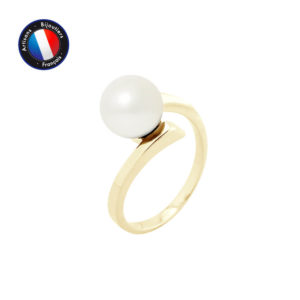 Bague en Or Jaune et Véritable Perle de Culture d'eau douce, forme Ronde, couleur Blanc, diamètre 8-9 mm