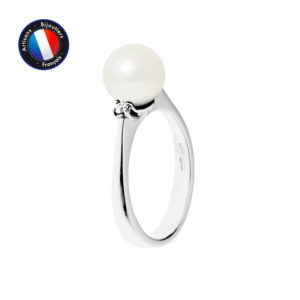 Bague en Or Blanc, Véritable Perle de Culture d'eau douce, forme Ronde, couleur Blanc, diamètre 8-9 mm et Diamant
