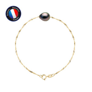 Bracelet en Or Jaune et Véritable Perle de Tahiti, diamètre 8-9 mm, Fermoir Anneau Ressort, Chaîne Singapour