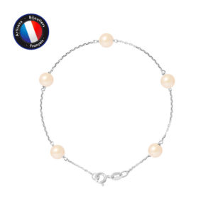 Bracelet en Or Blanc avec 5 Perles de culture Roses et Rondes de 6-7 mm