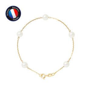 Bracelet en Or Jaune avec 5 Véritables Perles de culture, couleur Blanc, forme Ronde, diamètre 6-7 mm