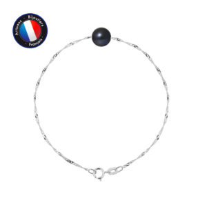 Bracelet en Or Blanc avec une Véritable Perle de culture de couleur Black Tahiti, de forme Ronde et diamètre 8-9 mm