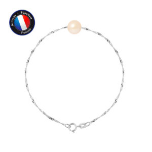 Bracelet en Or Blanc avec une Véritable Perle de culture Rose, de forme Ronde et diamètre 8-9 mm