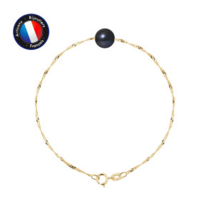 Bracelet en Or Jaune avec une Véritable Perle de culture, couleur Black Tahiti, forme Ronde, diamètre 8-9 mm