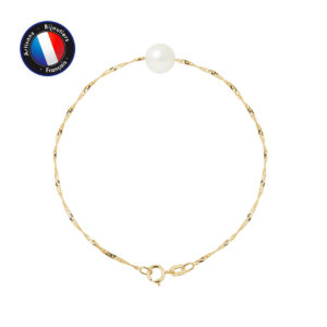 Bracelet en Or Jaune avec une Véritable Perle de culture, couleur Blanc, forme Ronde, diamètre 8-9 mm