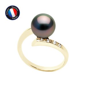 Bague en Or Jaune et Véritable Perle de Tahiti, forme Ronde, diamètre 8-9 mm et Diamant