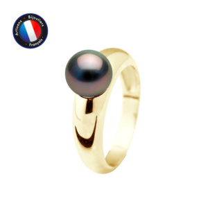 Bague en Or Jaune et Véritable Perle de Tahiti, forme Ronde, diamètre 8-9 mm