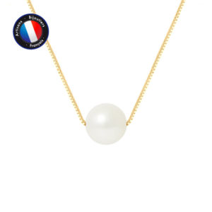 Collier Chaîne en Or Jaune et une Véritable Perle de culture d'eau douce, de forme Ronde, couleur Blanc, diamètre 9-10 mm