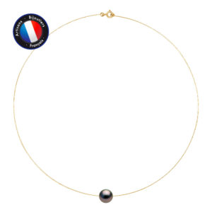 Collier Tour De Cou en Or Jaune et Véritable Perle de Tahiti Ronde, diamètre 10-11 mm